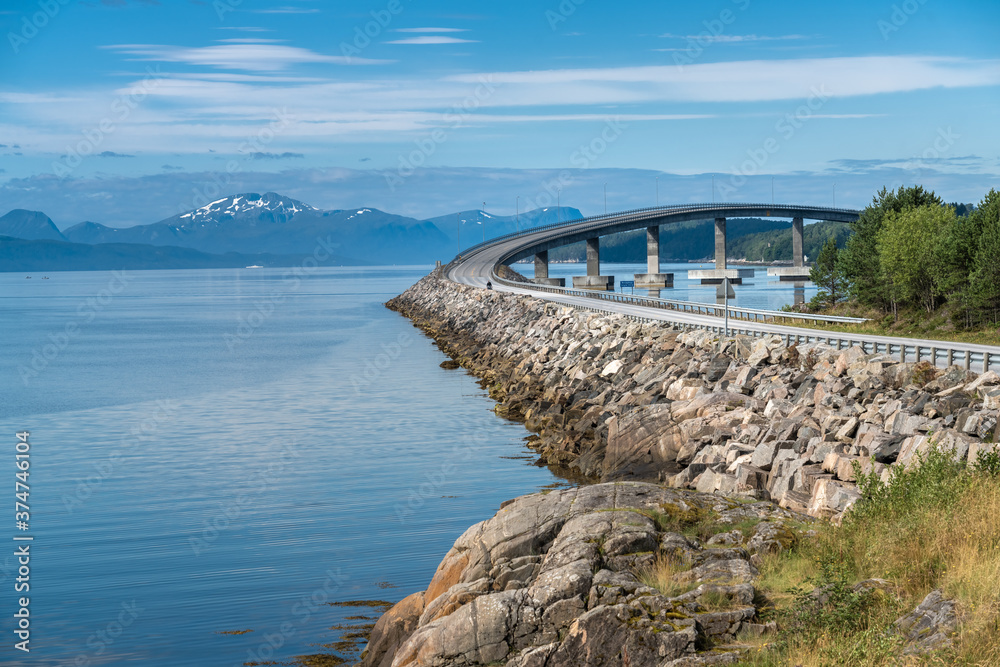 Stunning fjord and mountain landcsapes complemented by impressive bridges along highway 64 in Møre og Romsdal county, Norway