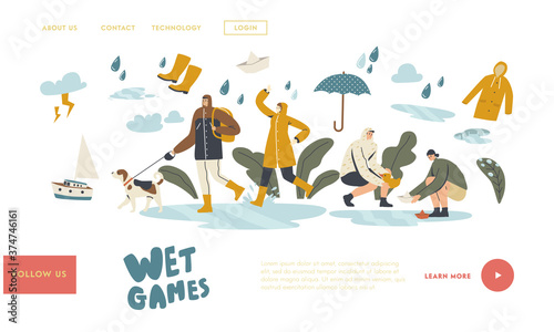 Wet Games with Puddles in Rainy Autumn or Spring Day Landing Page Template. Happy Drenched Characters Wearing Cloaks
