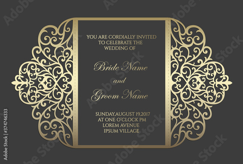 Gate fold laser cut wedding invitation. Vector template for laser cutting.