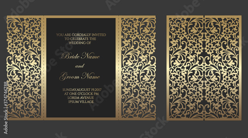 Gate fold laser cut wedding invitation. Vector template for laser cutting. photo