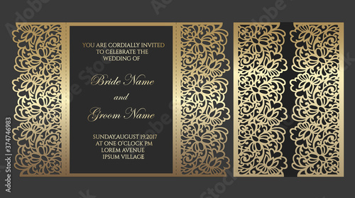 Gate fold laser cut wedding invitation. Vector template for laser cutting.