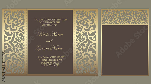 Gate fold laser cut wedding invitation. Vector template for laser cutting.