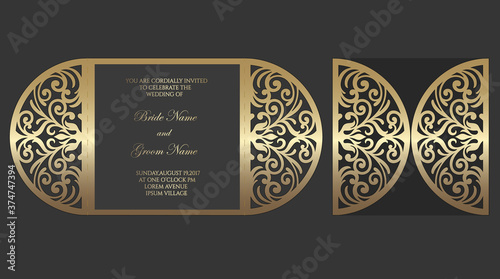 Gate fold laser cut wedding invitation. Vector template for laser cutting.