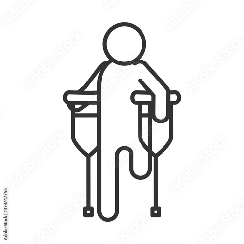 disabled amputee with crutches, world disability day, linear icon design
