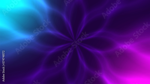 Abstract blur background. Dark futuristic flower. Pink, blue and purple gradient. Sci-fi modern wallpaper. Smooth soft light. Blank banner template. Organic shape from future. Cyberspace concept