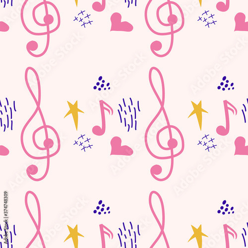 Pink, blue pastel texture with musical notes and a treble clef. Template