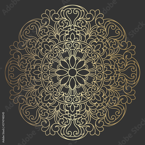 Abstract ornate mandala pattern. Elegant golden round ornament.  Mandala flower beautiful vector vintage decorative element, oriental illustration. Design for stained glass, engraving, coasters.