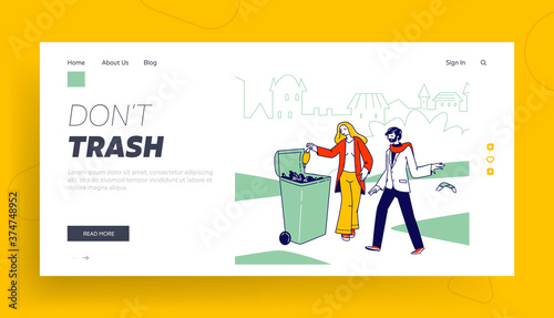 Character Throw Covid Waste to Litter Bin Landing Page Template. Woman Put Used Medical Mask in Outdoor Container