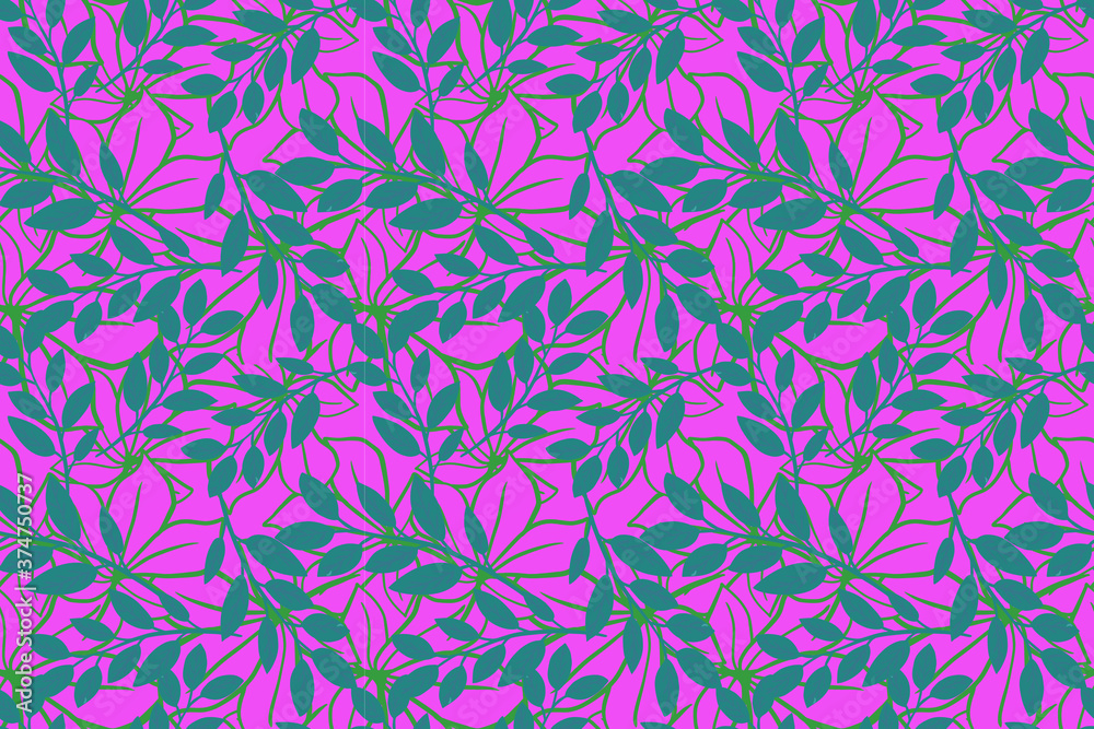 Plano de fundo vetorial com folhagem verde sobre um vibrante fundo rosa neon, criando um contraste moderno e energético, tecido tropical