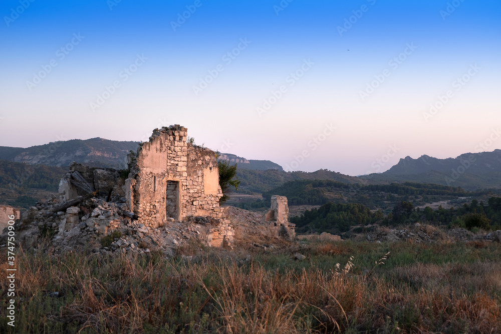 Ruins of Corbera de Ebro village in Spain after Spanish Civil War. Empty copy space for Editor's content.