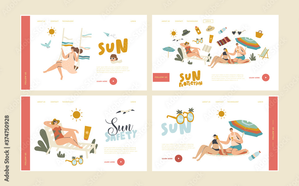 People Use Sun Protection Landing Page Template Set. Characters on Beach Put Sunscreen Cream on Skin. Summer Vacation