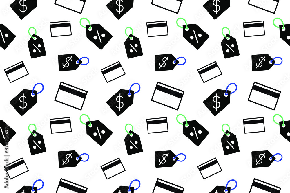 Plano de fundo vetorial com cartões de crédito e tags de preços em um fundo branco, ideal para temas de comércio eletrônico e promoções de vendas