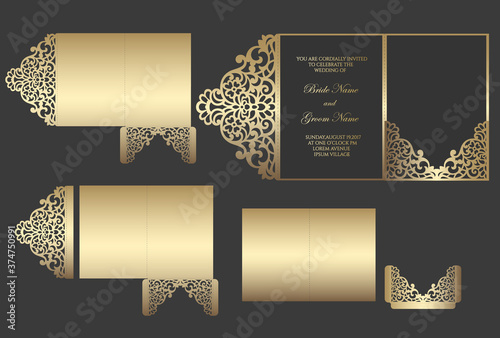Laser cut tri fold pocket envelope for wedding invitations. ornamental wedding invite mockup. pocket envelope design.