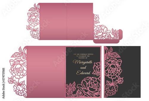 Fototapete Floral laser cut tri fold pocket envelope for wedding invitations