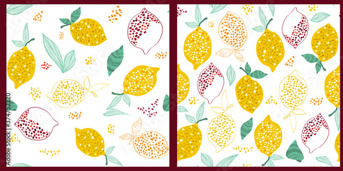 Fototapeta Naklejka Na Ścianę i Meble -  Set of Seamless patterns with lemons on white background