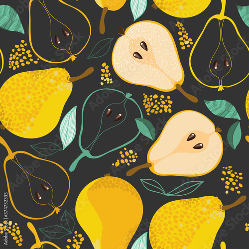 Ripe pears seamless pattern on gray background