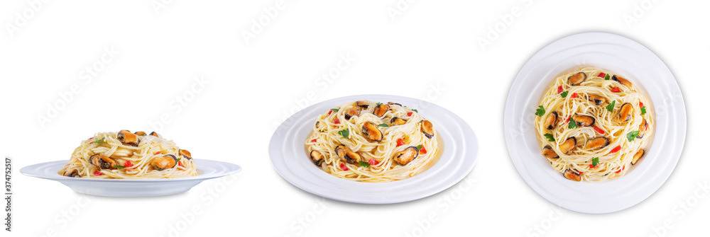 Mussel pasta with pepper and parsley on a white isolated background Mussel pasta with pepper and parsley on a white isolated background