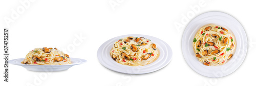 Mussel pasta with pepper and parsley on a white isolated background