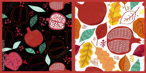 Pomegranates and autumn leaves seamless pattern background