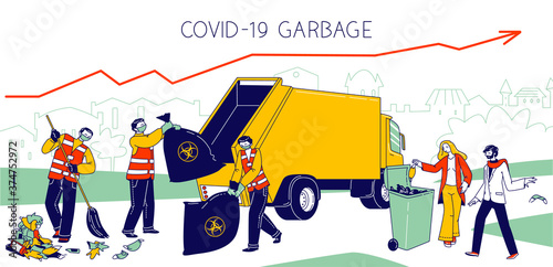 Characters Throw Covid Waste Used Masks and Gloves into Special Litter Bins and on Street. Janitors Collecting Garbage
