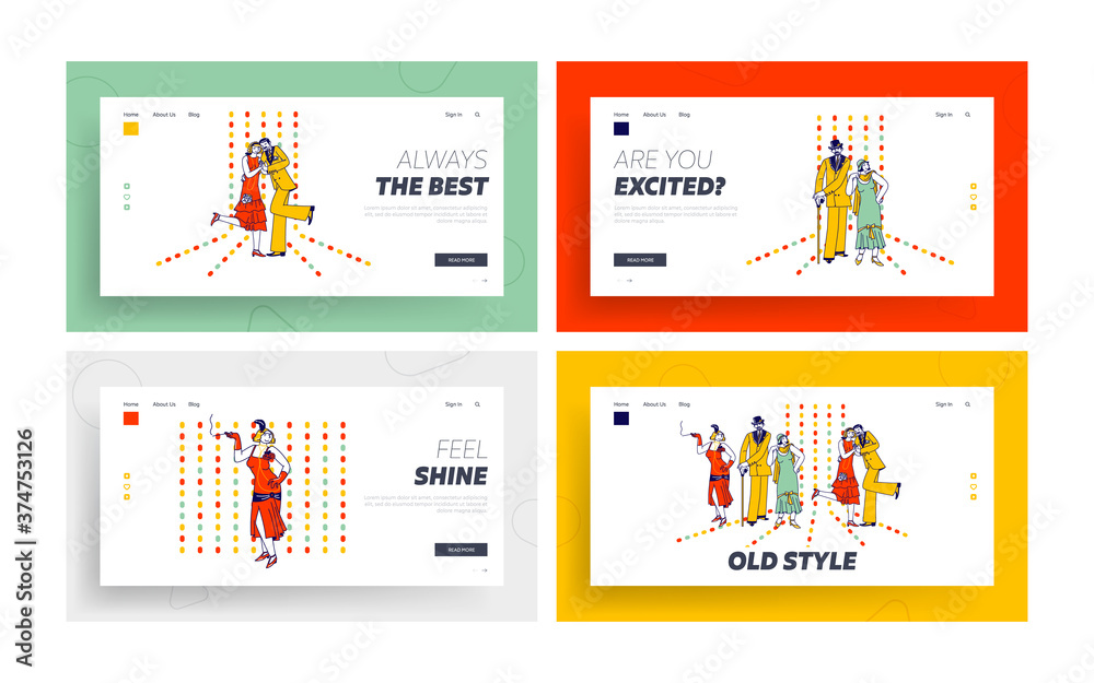 Couples Retro Dancing in Night Club Landing Page Template Set. Elegant Characters Active Lifestyle, Men and Women Dance