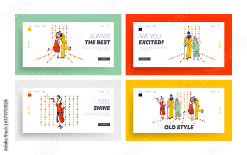 Couples Retro Dancing in Night Club Landing Page Template Set. Elegant Characters Active Lifestyle, Men and Women Dance
