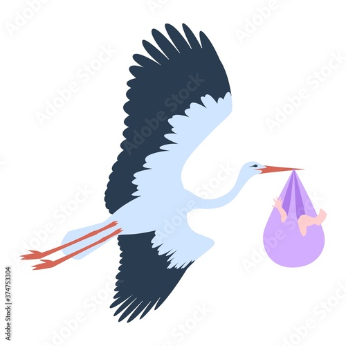 Flying stork or crane carrying a baby, a symbol of parenting and birth