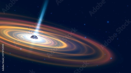 Vector illustration with space landscape: black hole or quasar with bright disk