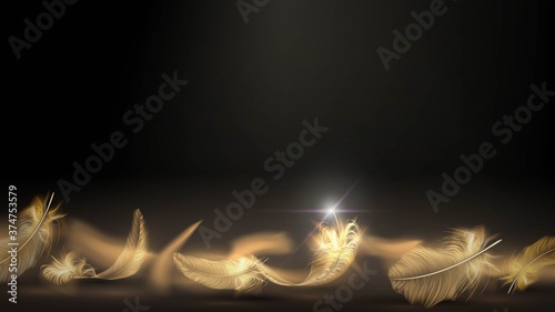 Vector light background with lying golden feathers, luxurious and elegant backdrop