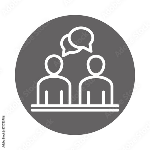 businesspeople talking speech bubble, coworking office business workspace, block and line icon