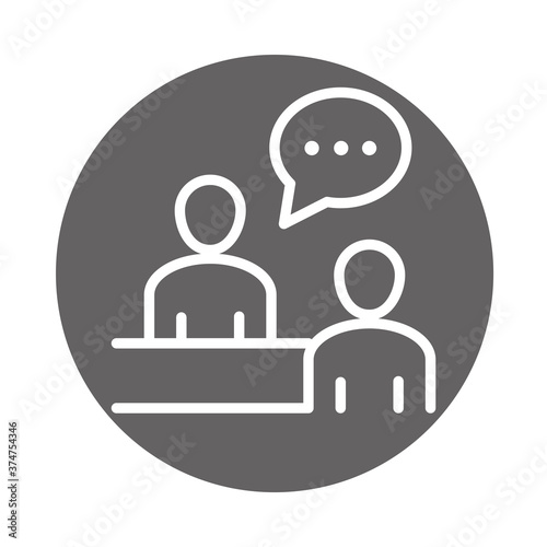 people service talking office, coworking business workspace, block and line icon
