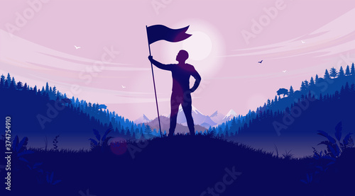 Personal success metaphor - Person standing in nature with raised flag, looking up. Dramatic landscape and sky in background. Winner, goals, and career progress concept. Vector illustration.