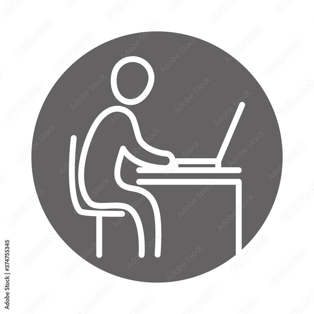 side view businessman working with computer, business work office, block and line icon side view businessman working with computer, business work office, block and line icon