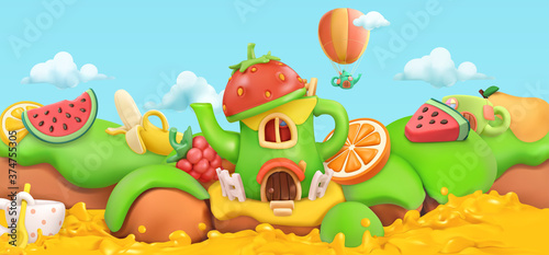 Sweet fruits. Cartoon landscape 3d vector background