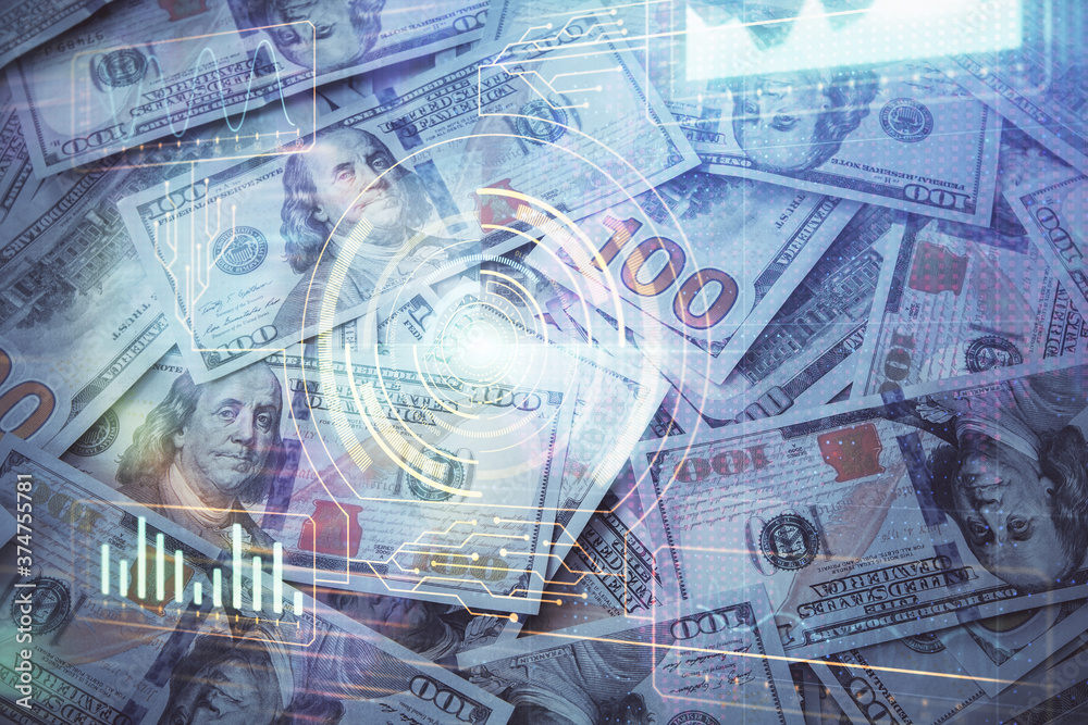 Double exposure of data theme drawing over us dollars bill background. Technology concept. Double exposure of data theme drawing over us dollars bill background. Technology concept.
