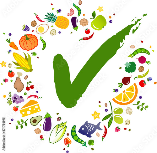 healthy food / smart nutrition vector illustration. Concept with icons related to healthy lifestyle, cooking and eating, food choice and education, balanced diet recommended by dietitian.