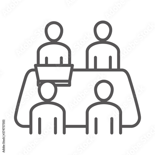 people with laptop in desk office, coworking business workspace, line icon design