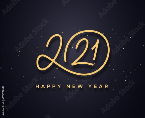 Happy New Year 2021 wishes typography text and gold confetti on luxury black background. Premium vector illustration with lettering for winter holidays