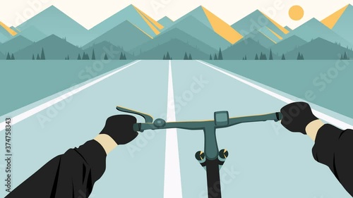 Vertical animation Onboard camera mountain biking on an asphalt road. First person POV