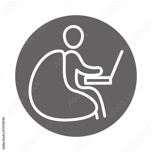 businessman sitting using laptop, business work office, block and line icon