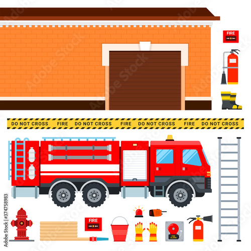 Set of firefighters truck, fireman outfit and garage vector illustration in a flat design.