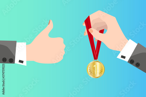 Gold medal in hand and hand showing class.The concept of a reward, winning a competition, or winning a business.Flat vector illustration.