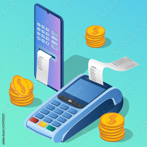Online payments.Payment terminal and smartphone as a symbol of money transfers.The concept of secure payments and transfers.Isometric vector illustration.