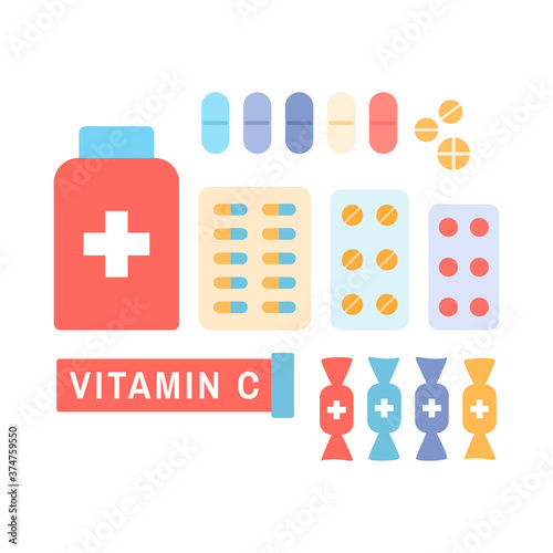 Medicine, drugs, pharmacy hospital icons set. Bottle pills, antibiotic blister vitamin c throat lozenge cough sweet, vial. Medication, pharmaceuticals concept. Flat medical therapy vector illustration
