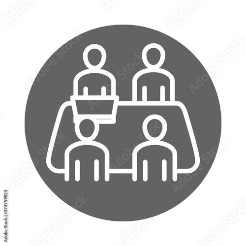 people with laptop in desk office, coworking business workspace, block and line icon