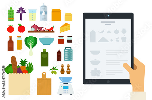 Vector image of a tablet with an online recipe and ingredients illustration in a flat design.