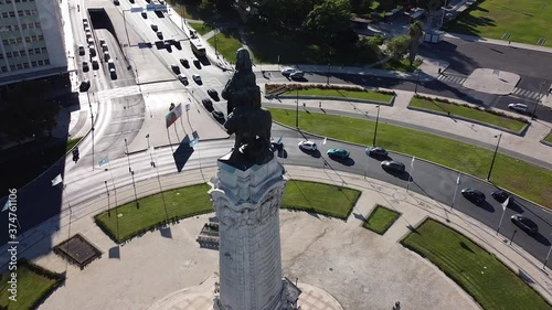Aerial view shot of the city center of Lisbon, Portugal. sunny day Lisbon city marquess of Pombal square aerial park panorama, Portugal, Europe

