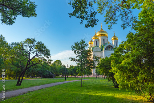 Orthodox Church among the trees. Saint Petersburg. Churches of Russia. Town of Pushkin. Tsarskoe selo. Catherine Cathedral in Pushkin. Cathedral of the great Martyr Catherine. Orthodoxy. Religion.