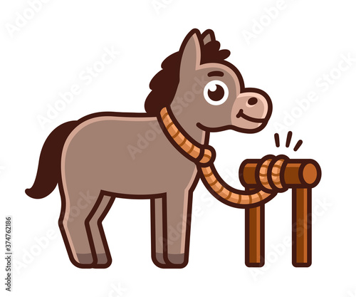 Cute cartoon donkey tied to post