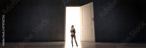 door and businesswoman, door to new opportunity. 3d rendering
